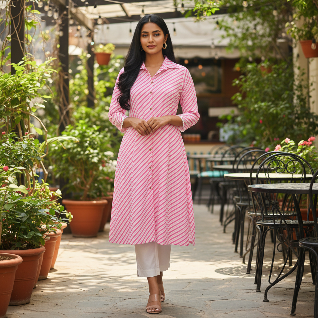Pink Leheriya Stripe Shirt-Style A-Line Kurta