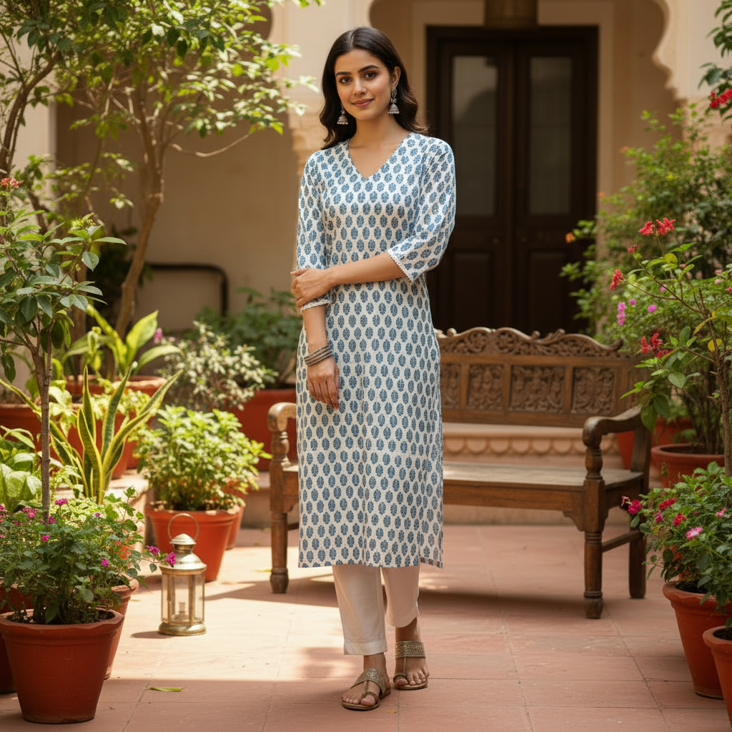 Aqua Block Print Cotton V-Neck Kurta