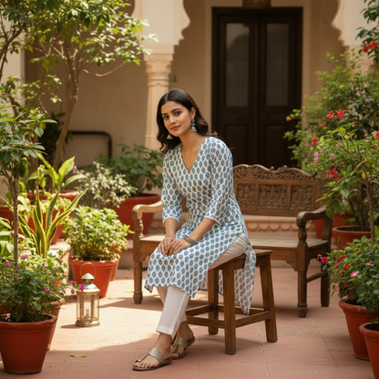 Aqua Block Print Cotton V-Neck Kurta