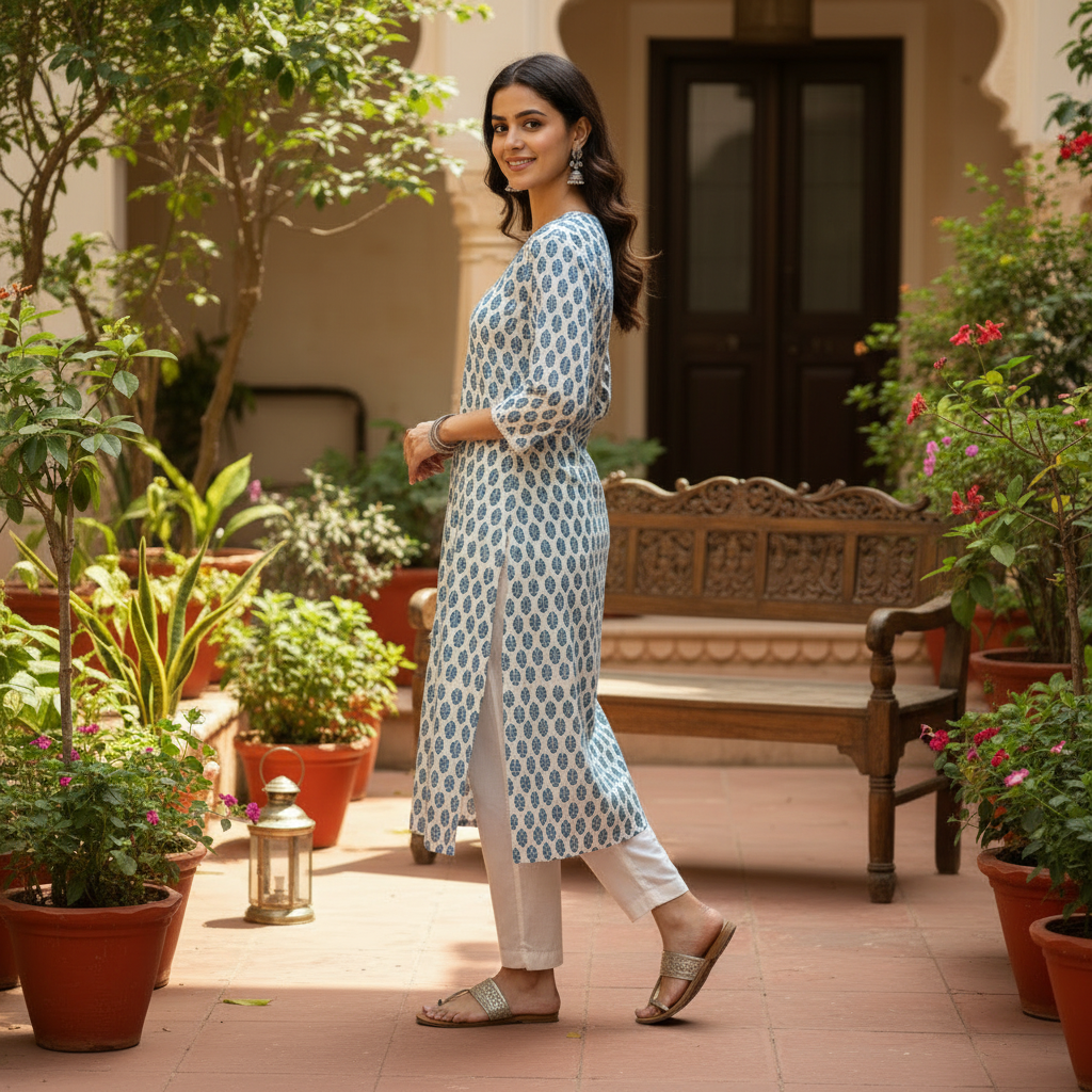 Aqua Block Print Cotton V-Neck Kurta
