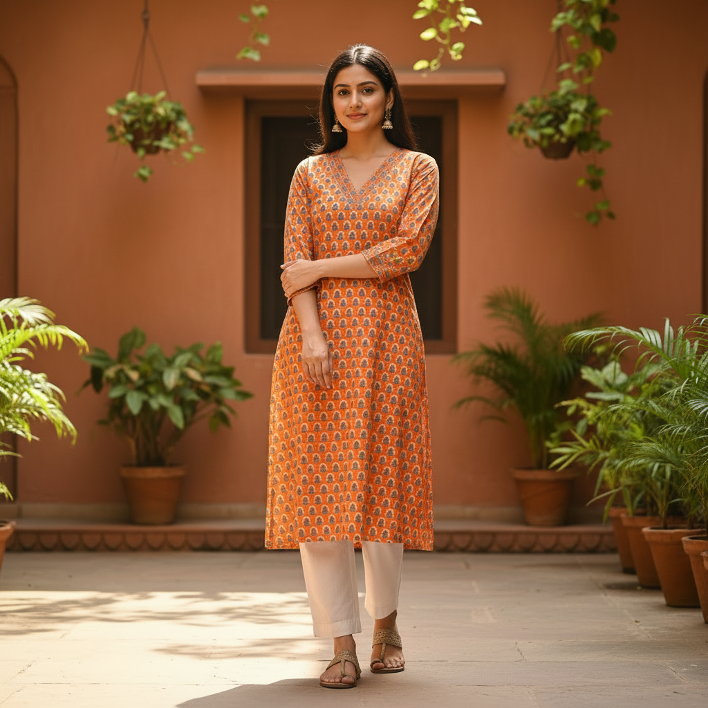 Orange Printed Cotton V-Neck Straight Kurta
