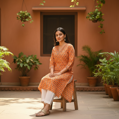 Orange Printed Cotton V-Neck Straight Kurta