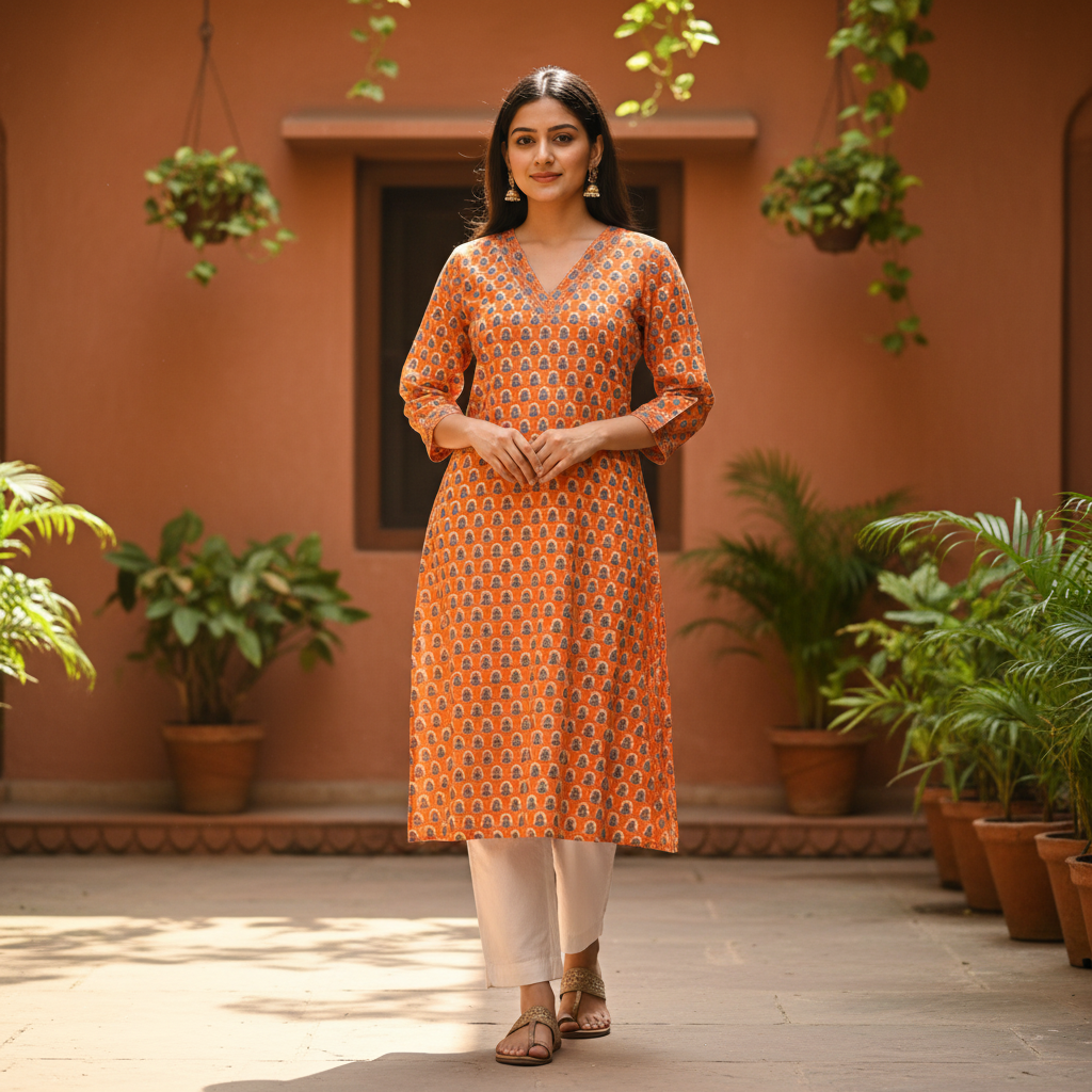 Orange Printed Cotton V-Neck Straight Kurta