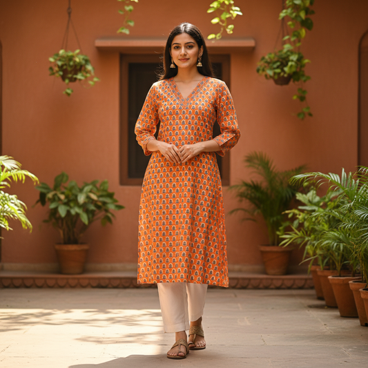 Orange Printed Cotton V-Neck Straight Kurta