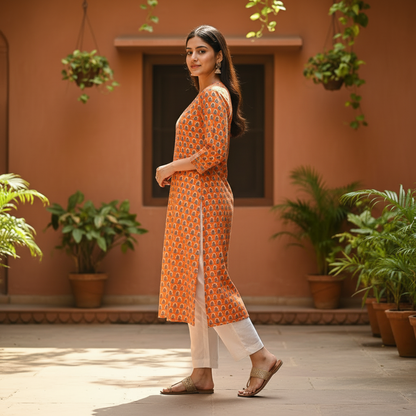 Orange Printed Cotton V-Neck Straight Kurta