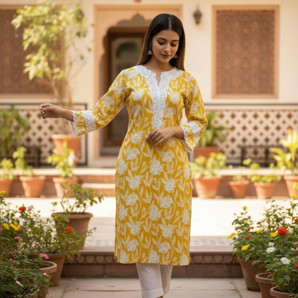 Mustard Floral Print Cotton Kurta with Lace Trim