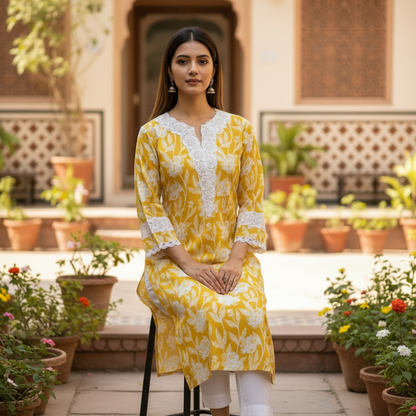 Mustard Floral Print Cotton Kurta with Lace Trim