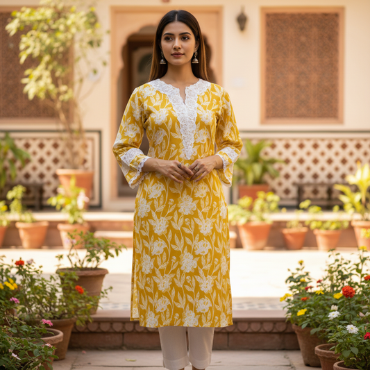 Mustard Floral Print Cotton Kurta with Lace Trim
