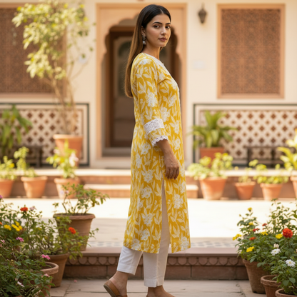 Mustard Floral Print Cotton Kurta with Lace Trim