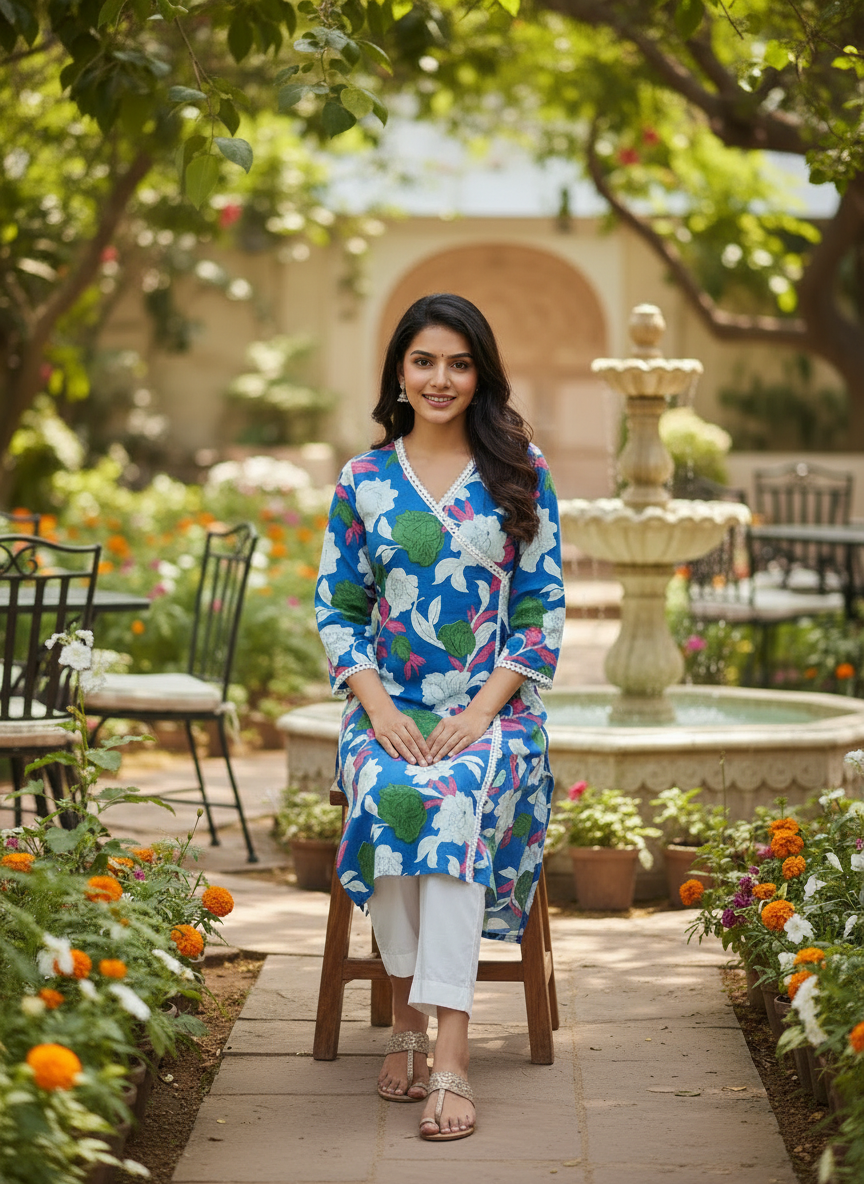 Product Content: Blue Floral Cotton Kurta