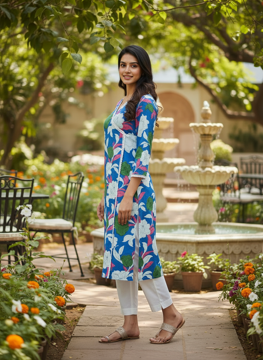 Product Content: Blue Floral Cotton Kurta