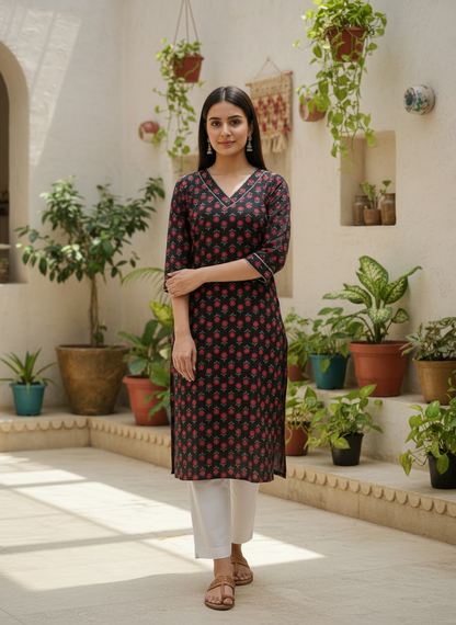 Black Floral Printed Cotton Straight-Fit Kurta