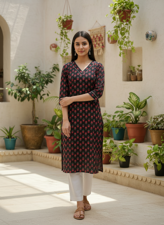Black Floral Printed Cotton Straight-Fit Kurta