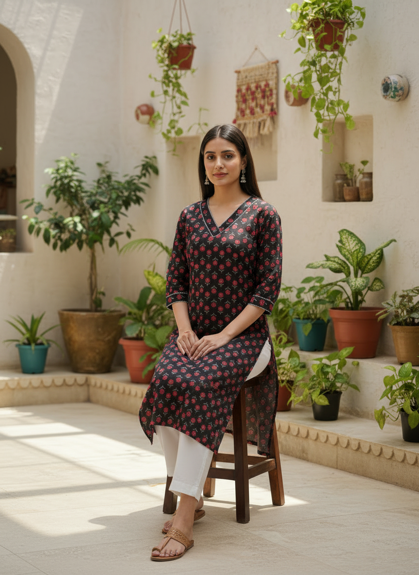Black Floral Printed Cotton Straight-Fit Kurta