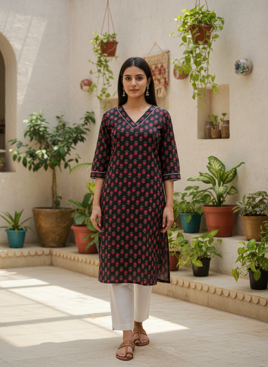 Black Floral Printed Cotton Straight-Fit Kurta
