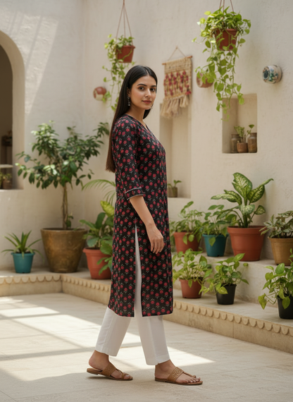Black Floral Printed Cotton Straight-Fit Kurta
