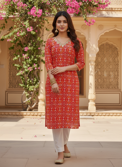 Red Printed Straight Cotton Festive Kurta