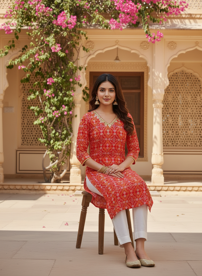 Red Printed Straight Cotton Festive Kurta