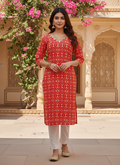 Red Printed Straight Cotton Festive Kurta