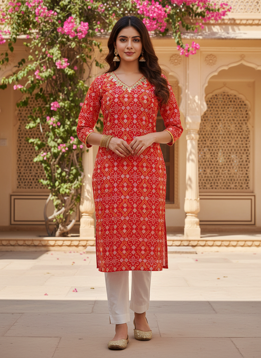 Red Printed Straight Cotton Festive Kurta