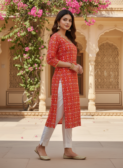 Red Printed Straight Cotton Festive Kurta