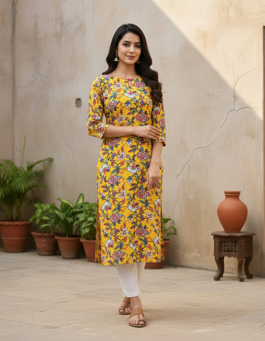 Sunny Yellow Floral Cotton Kurta