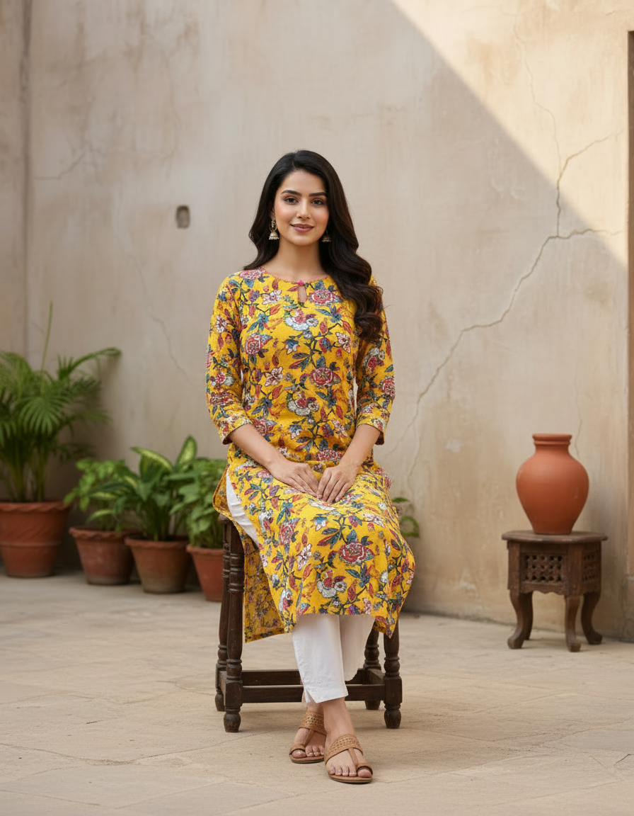 Sunny Yellow Floral Cotton Kurta