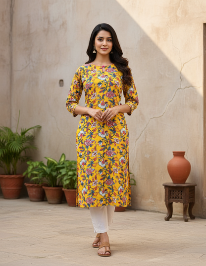 Sunny Yellow Floral Cotton Kurta