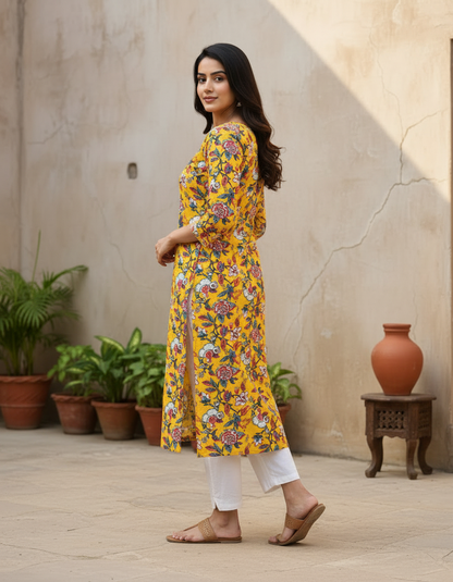 Sunny Yellow Floral Cotton Kurta