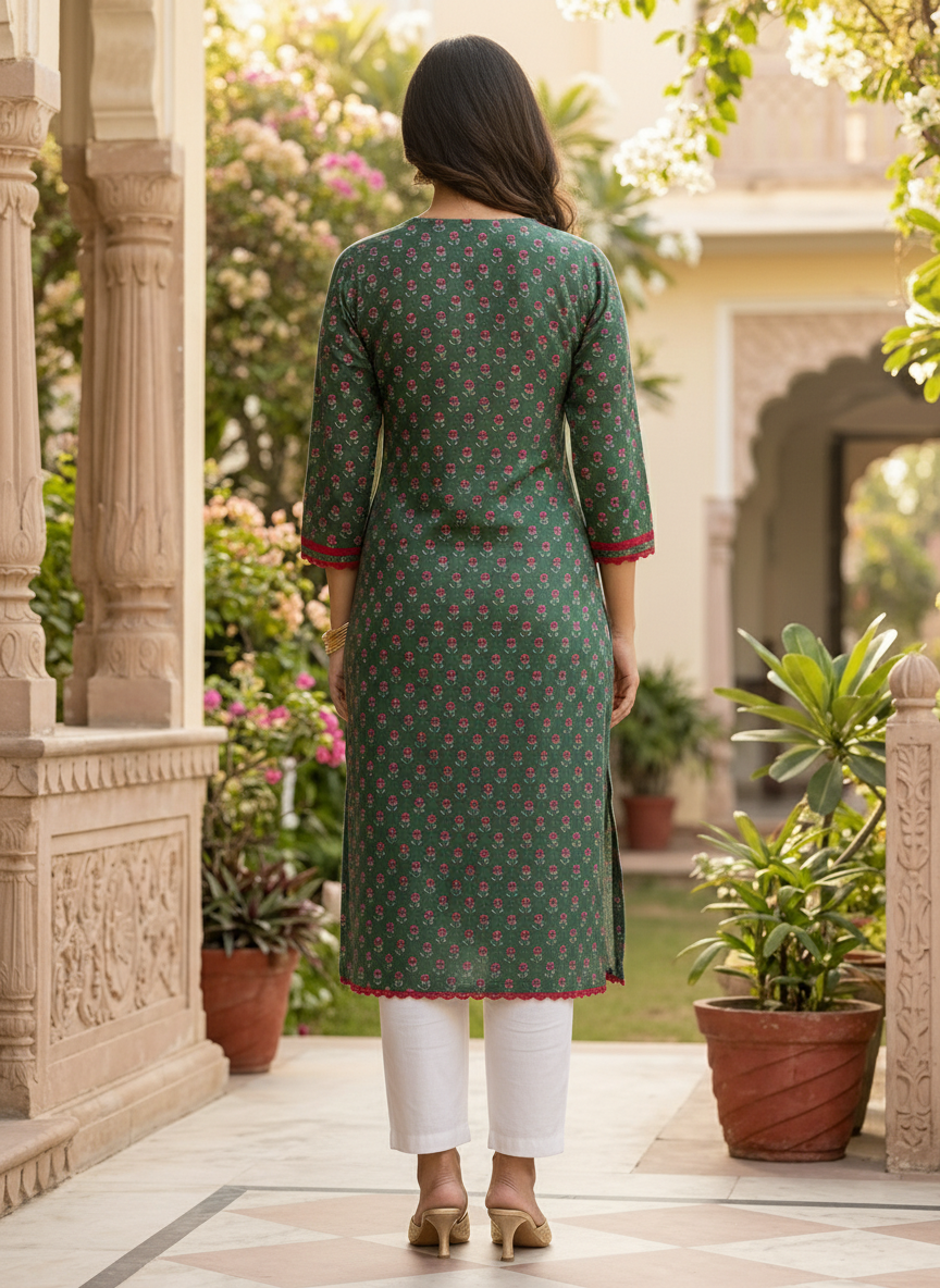 Moss Green Floral Print Cotton Kurta