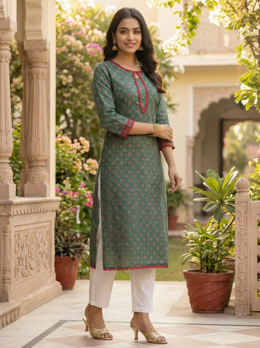 Moss Green Floral Print Cotton Kurta
