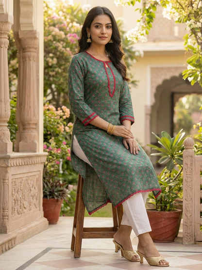 Moss Green Floral Print Cotton Kurta