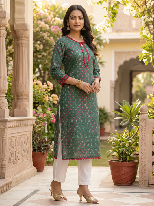 Moss Green Floral Print Cotton Kurta