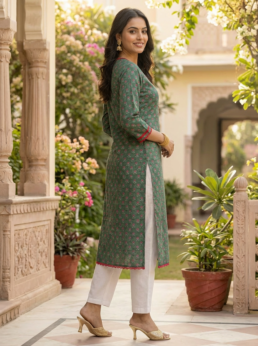 Moss Green Floral Print Cotton Kurta
