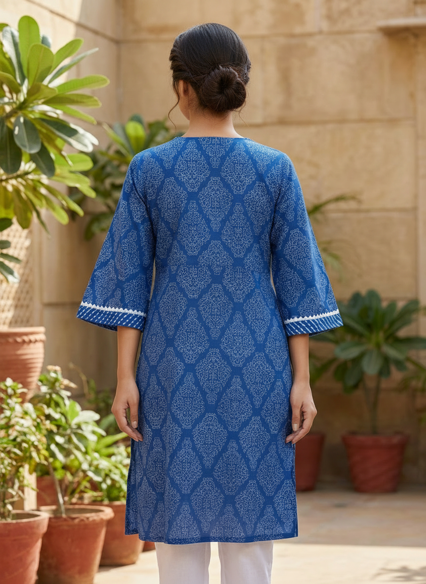 Indigo Block-Print Cotton Angrakha Kurta