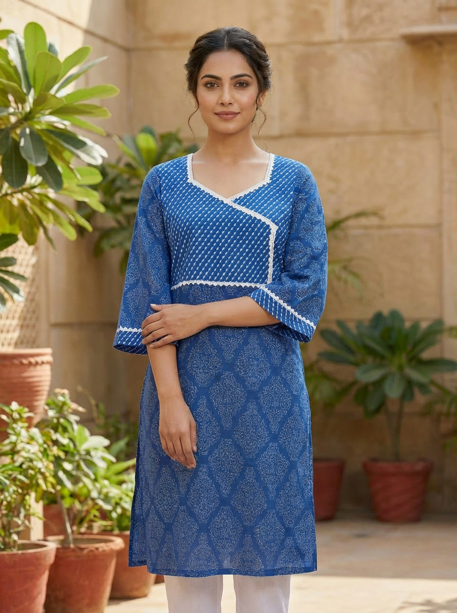 Indigo Block-Print Cotton Angrakha Kurta