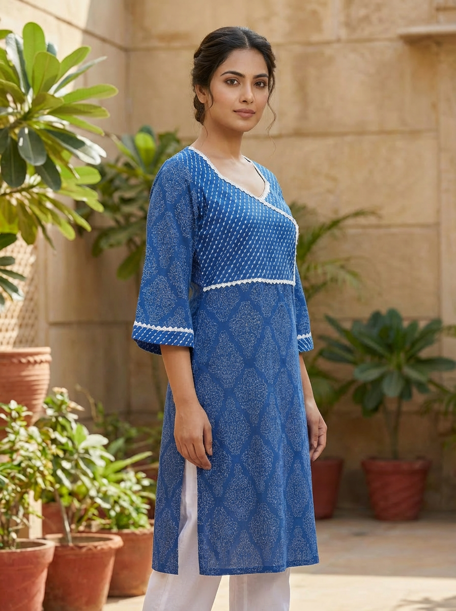 Indigo Block-Print Cotton Angrakha Kurta