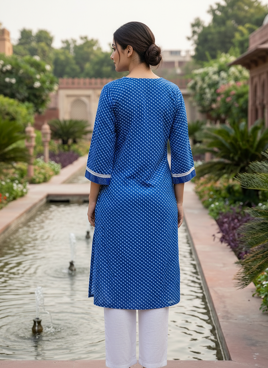Royal Blue Cotton Printed Kurta with White Lace