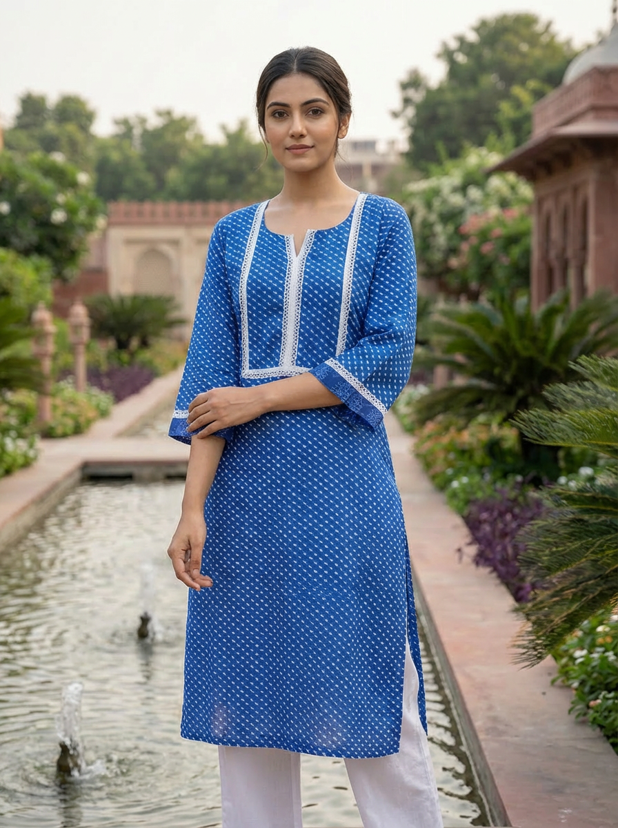 Royal Blue Cotton Printed Kurta with White Lace