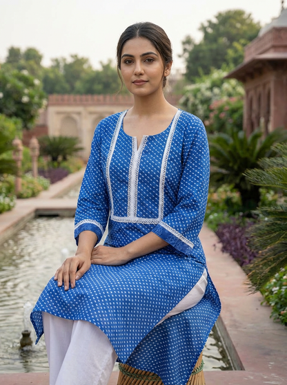 Royal Blue Cotton Printed Kurta with White Lace