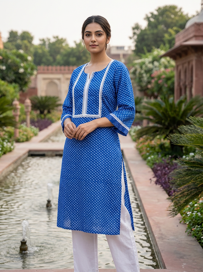 Royal Blue Cotton Printed Kurta with White Lace