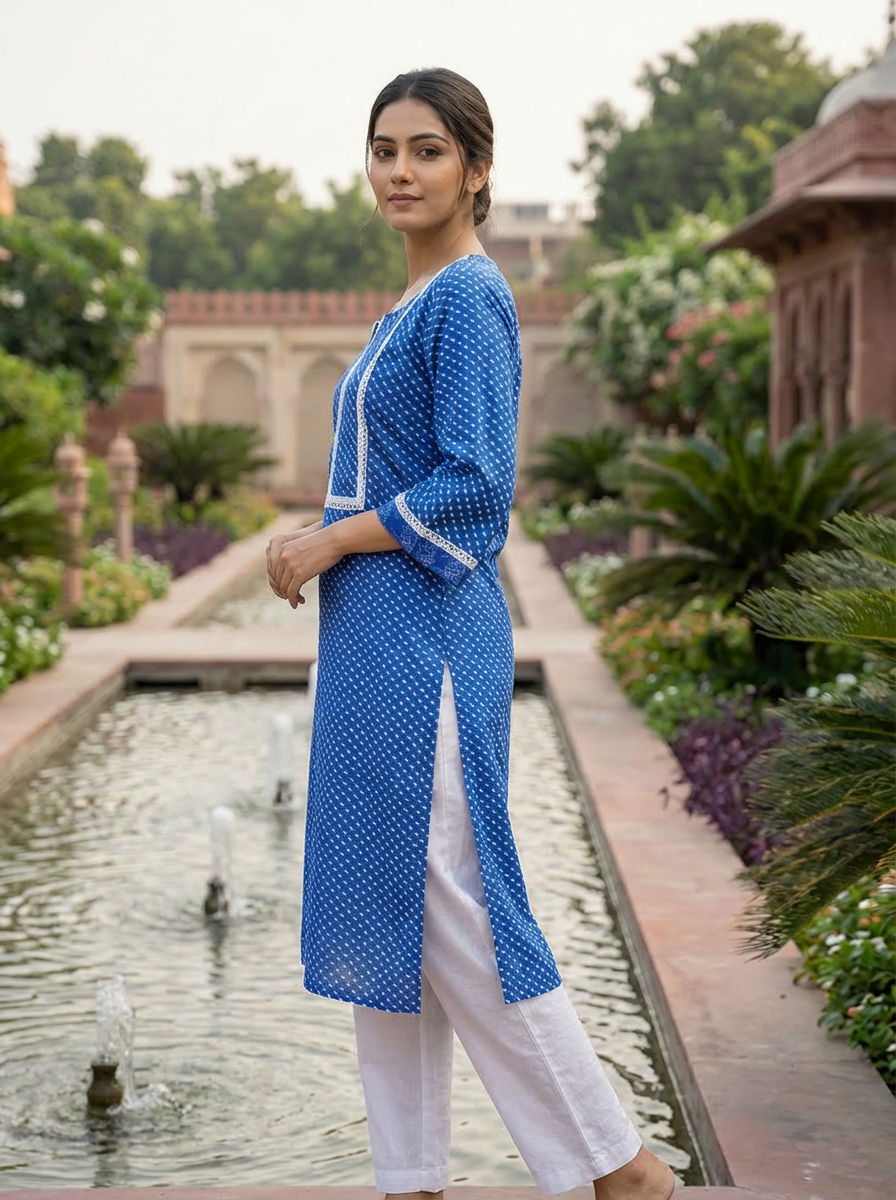 Royal Blue Cotton Printed Kurta with White Lace
