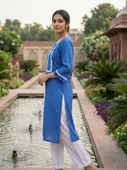 Royal Blue Cotton Printed Kurta with White Lace