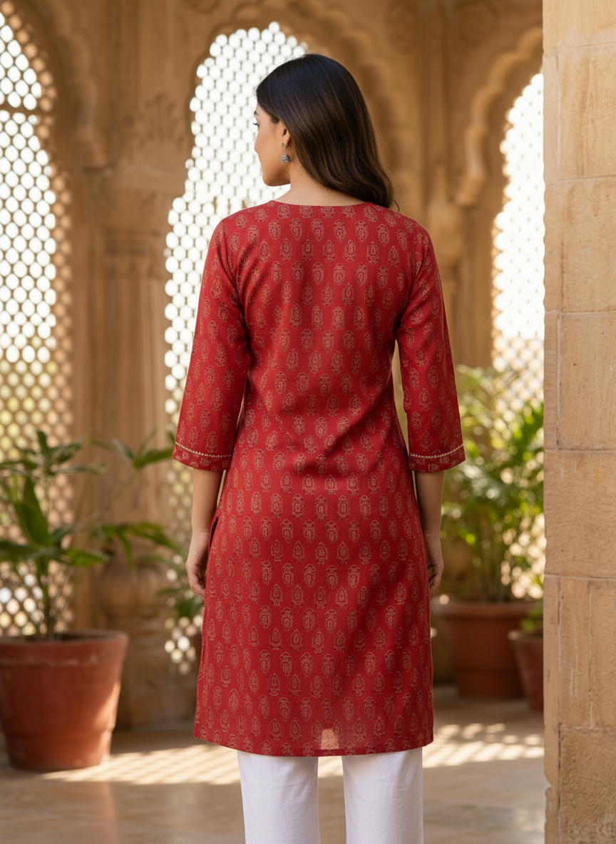 Red Block Print Angrakha Cotton Kurta