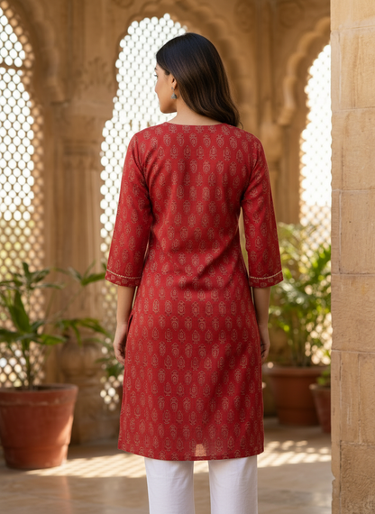 Red Block Print Angrakha Cotton Kurta