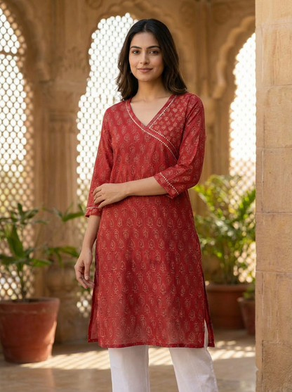 Red Block Print Angrakha Cotton Kurta