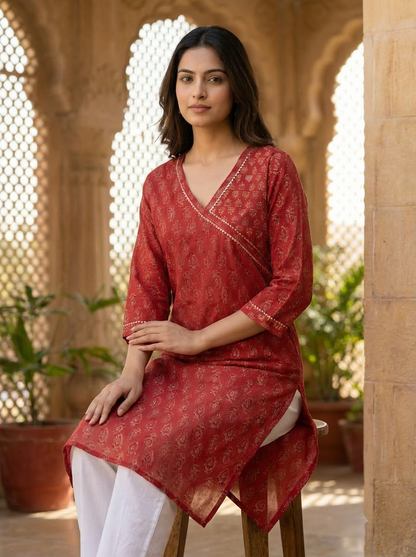 Red Block Print Angrakha Cotton Kurta