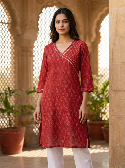 Red Block Print Angrakha Cotton Kurta