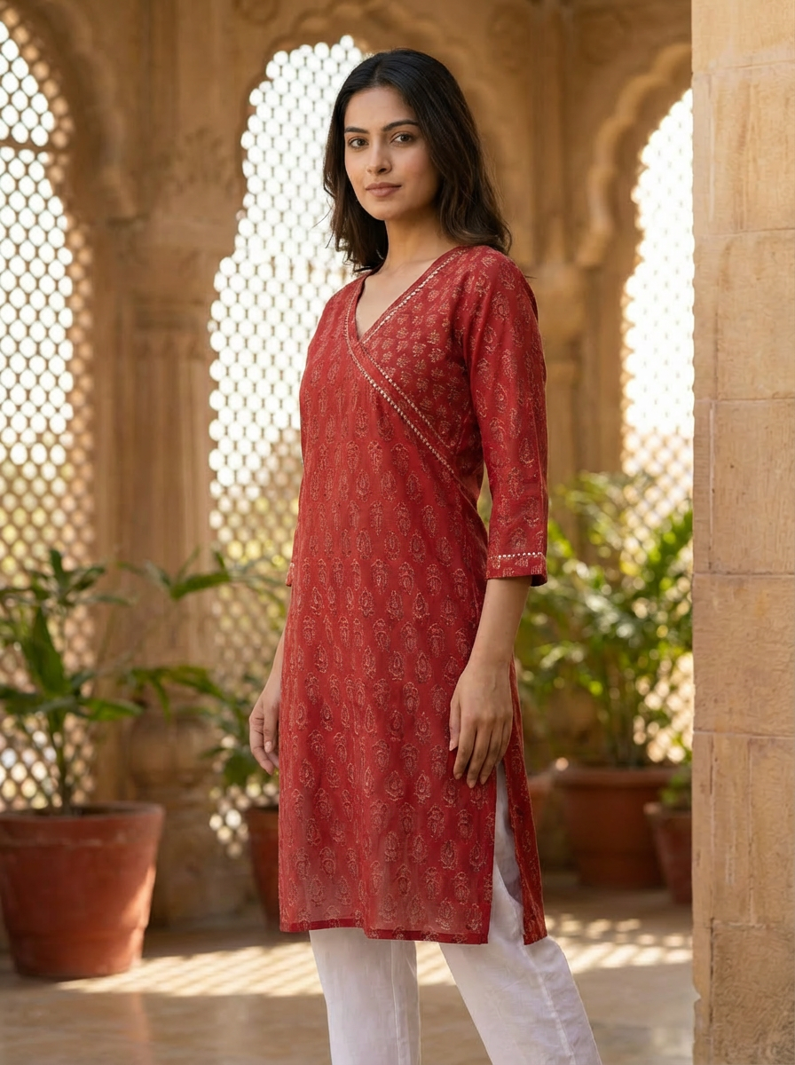 Red Block Print Angrakha Cotton Kurta