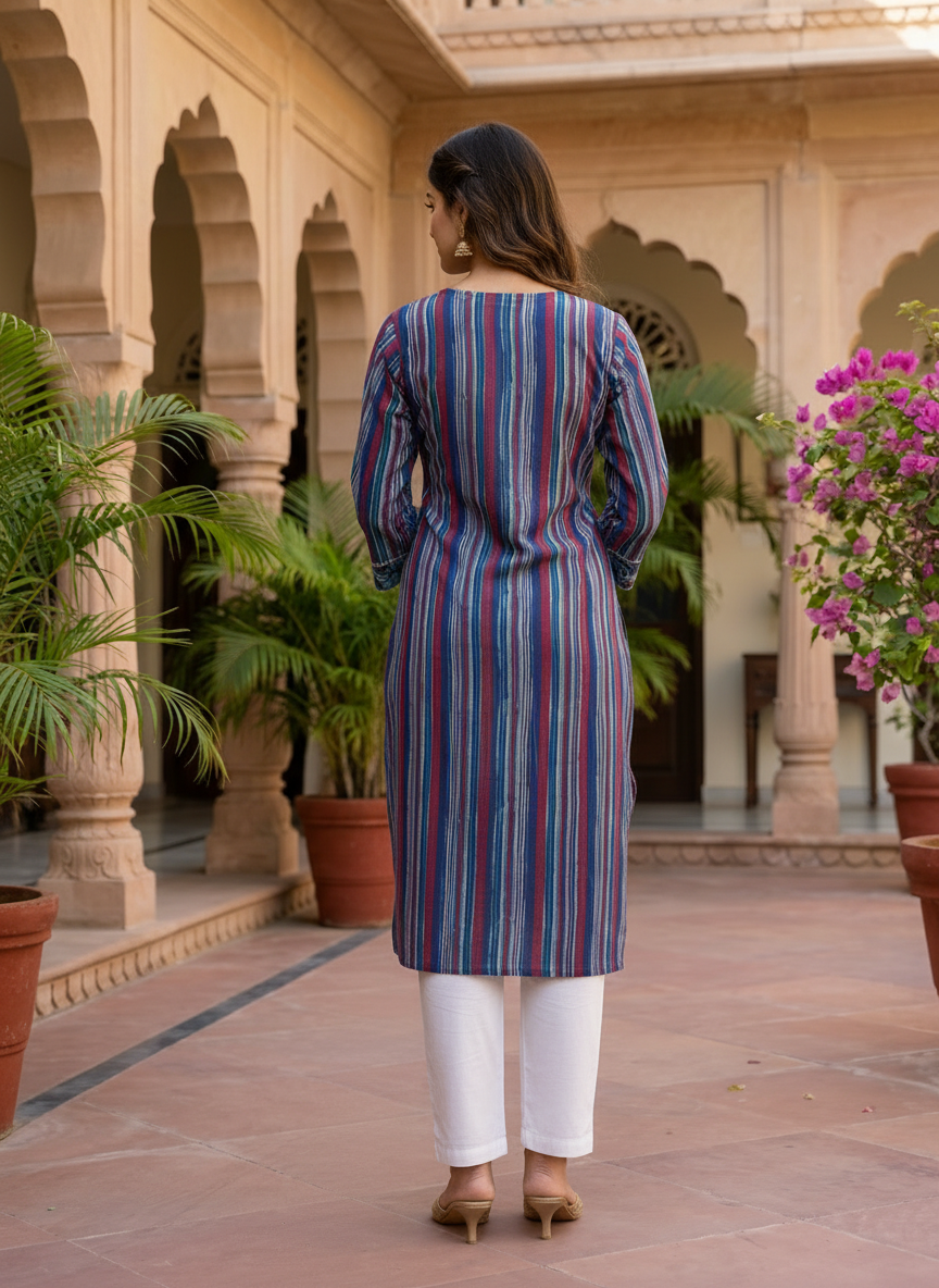 Indigo Striped Cotton Kurta with Embroidered Yoke